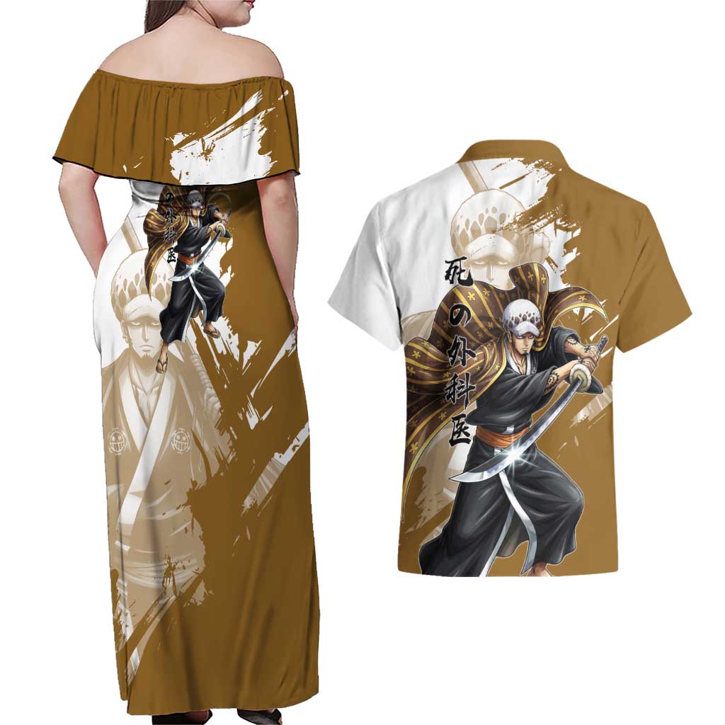 Wano Surgeon Trafalgar D. Law Couples Matching Off Shoulder Maxi Dress and Hawaiian Shirt Traditional Ink Splash Anime Style
