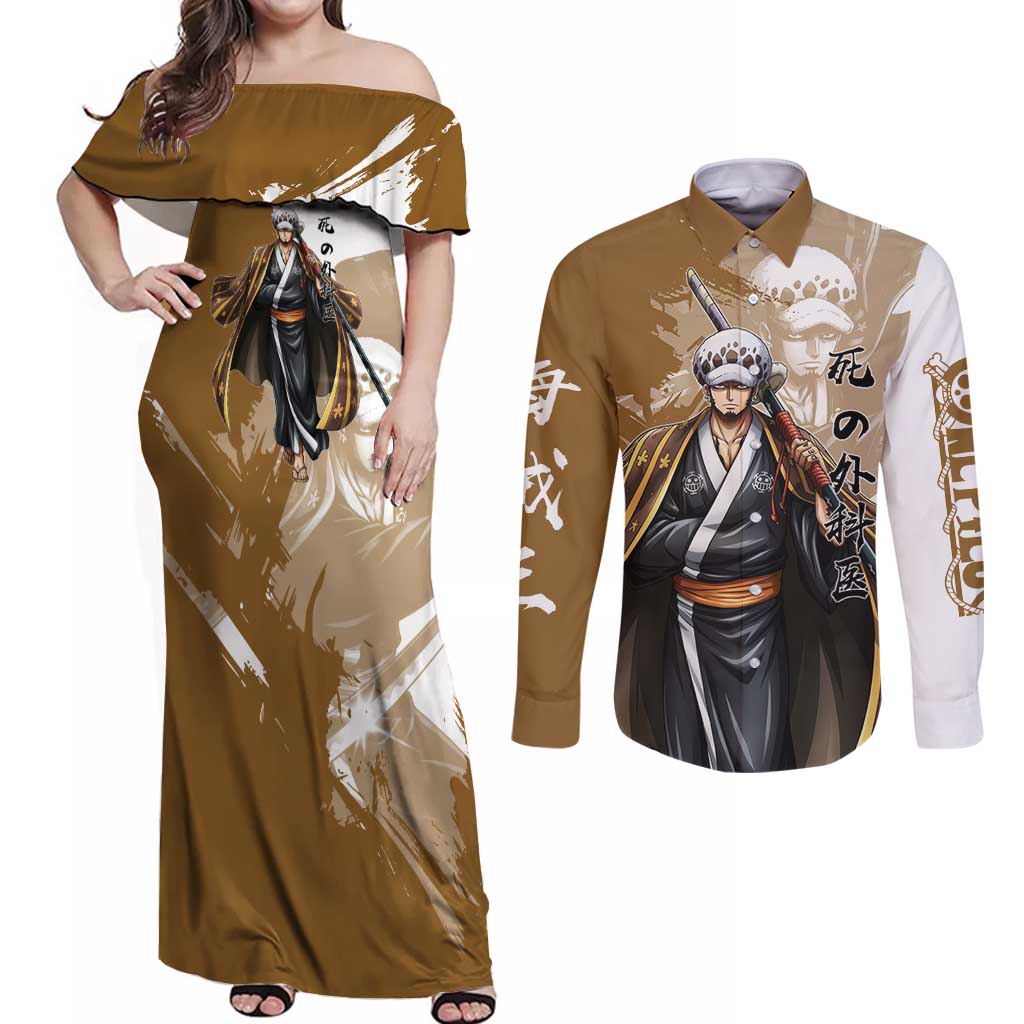 Wano Surgeon Trafalgar D. Law Couples Matching Off Shoulder Maxi Dress and Long Sleeve Button Shirt Traditional Ink Splash Anime Style