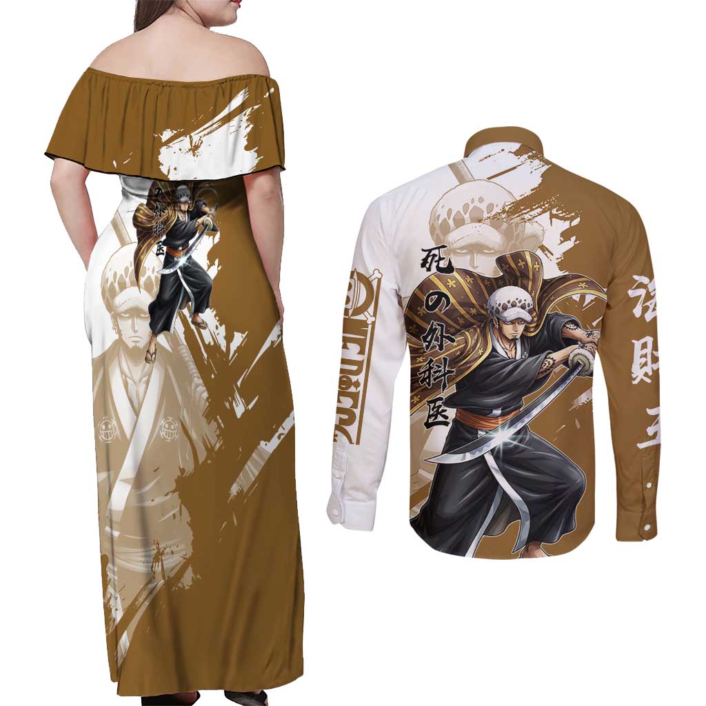 Wano Surgeon Trafalgar D. Law Couples Matching Off Shoulder Maxi Dress and Long Sleeve Button Shirt Traditional Ink Splash Anime Style