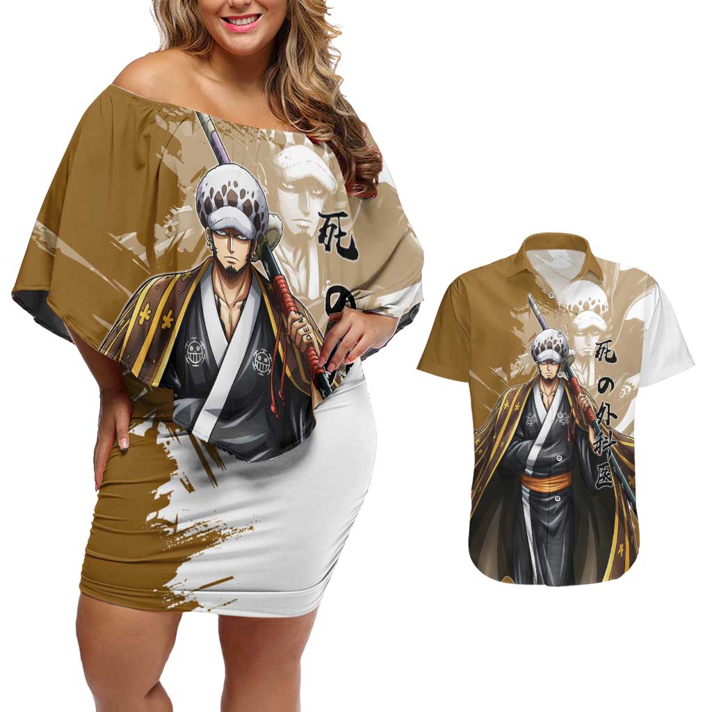 Wano Surgeon Trafalgar D. Law Couples Matching Off Shoulder Short Dress and Hawaiian Shirt Traditional Ink Splash Anime Style