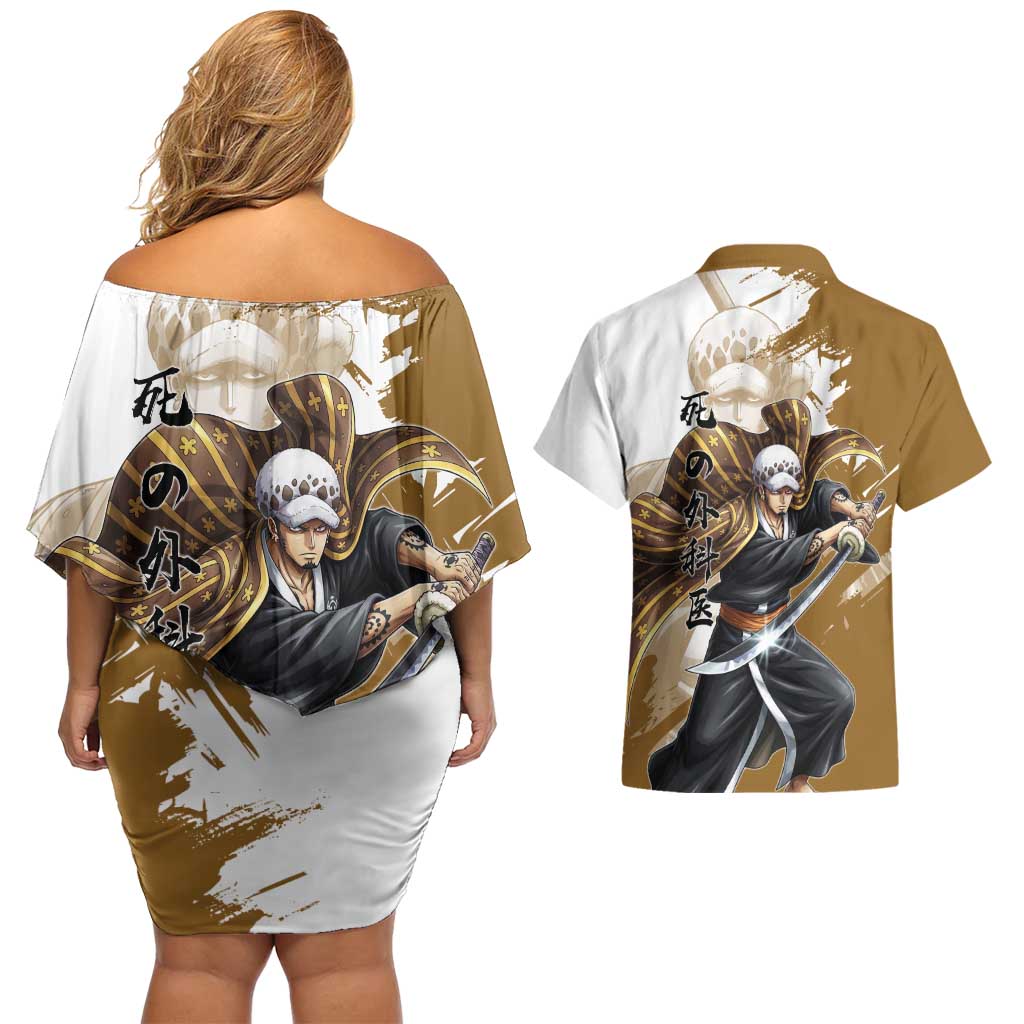 Wano Surgeon Trafalgar D. Law Couples Matching Off Shoulder Short Dress and Hawaiian Shirt Traditional Ink Splash Anime Style