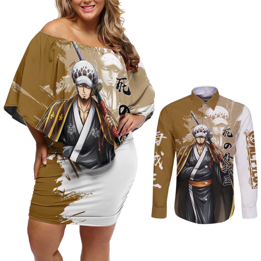 Wano Surgeon Trafalgar D. Law Couples Matching Off Shoulder Short Dress and Long Sleeve Button Shirt Traditional Ink Splash Anime Style