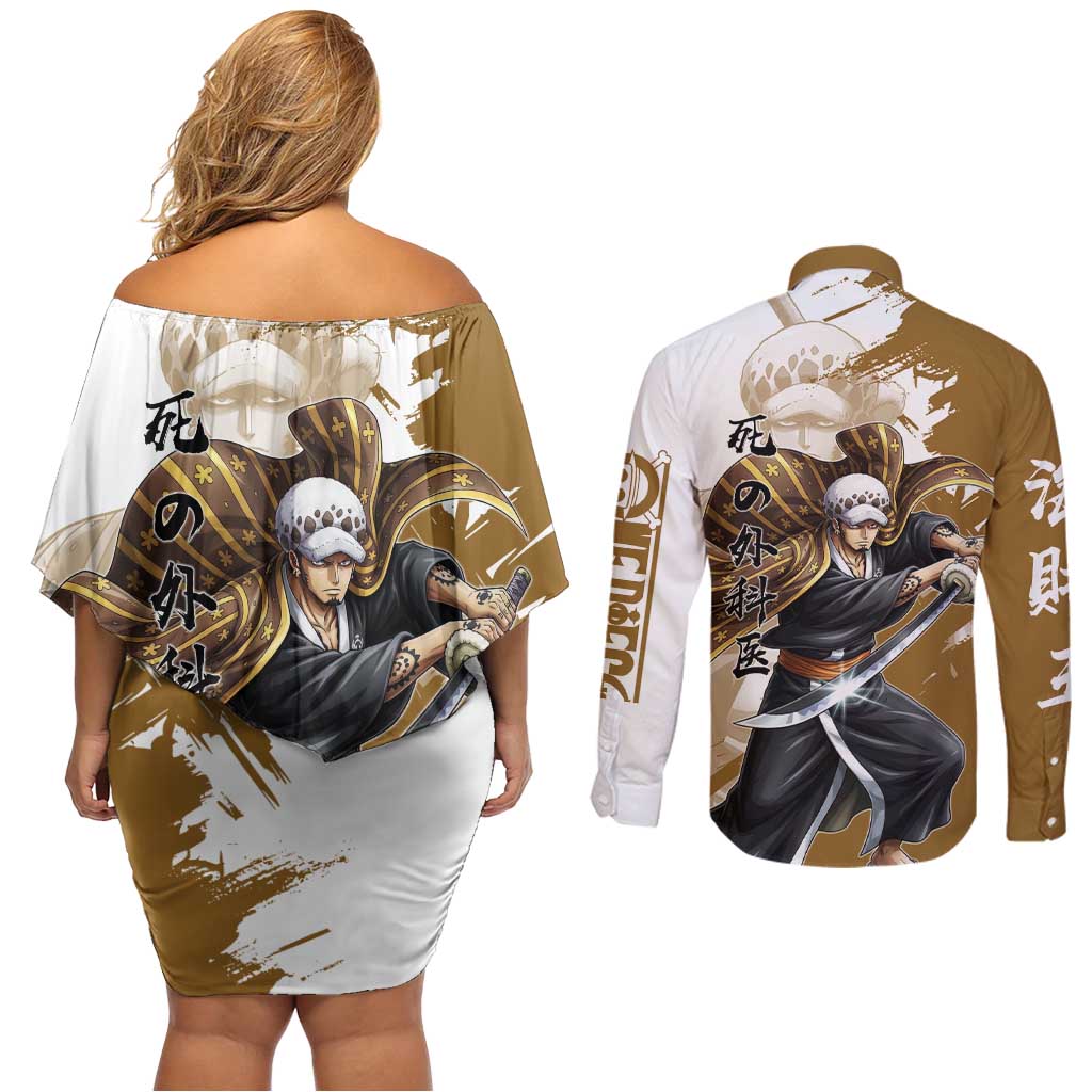 Wano Surgeon Trafalgar D. Law Couples Matching Off Shoulder Short Dress and Long Sleeve Button Shirt Traditional Ink Splash Anime Style