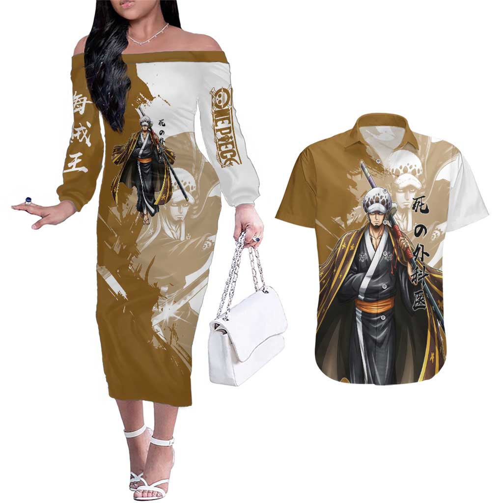 Wano Surgeon Trafalgar D. Law Couples Matching Off The Shoulder Long Sleeve Dress and Hawaiian Shirt Traditional Ink Splash Anime Style