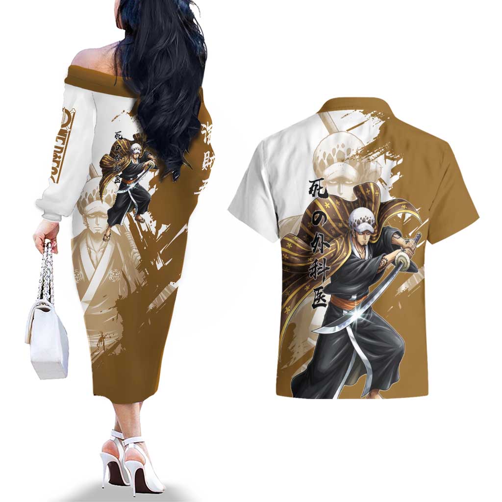 Wano Surgeon Trafalgar D. Law Couples Matching Off The Shoulder Long Sleeve Dress and Hawaiian Shirt Traditional Ink Splash Anime Style