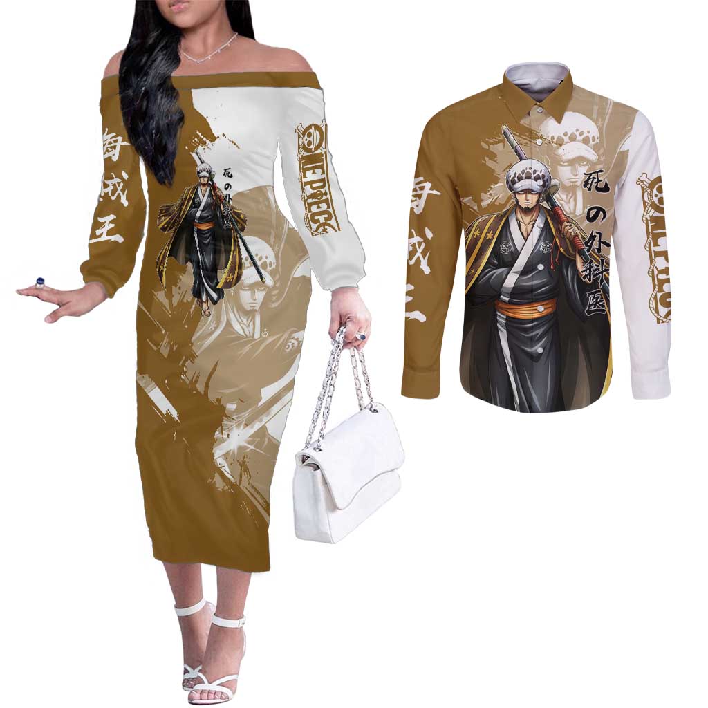 Wano Surgeon Trafalgar D. Law Couples Matching Off The Shoulder Long Sleeve Dress and Long Sleeve Button Shirt Traditional Ink Splash Anime Style