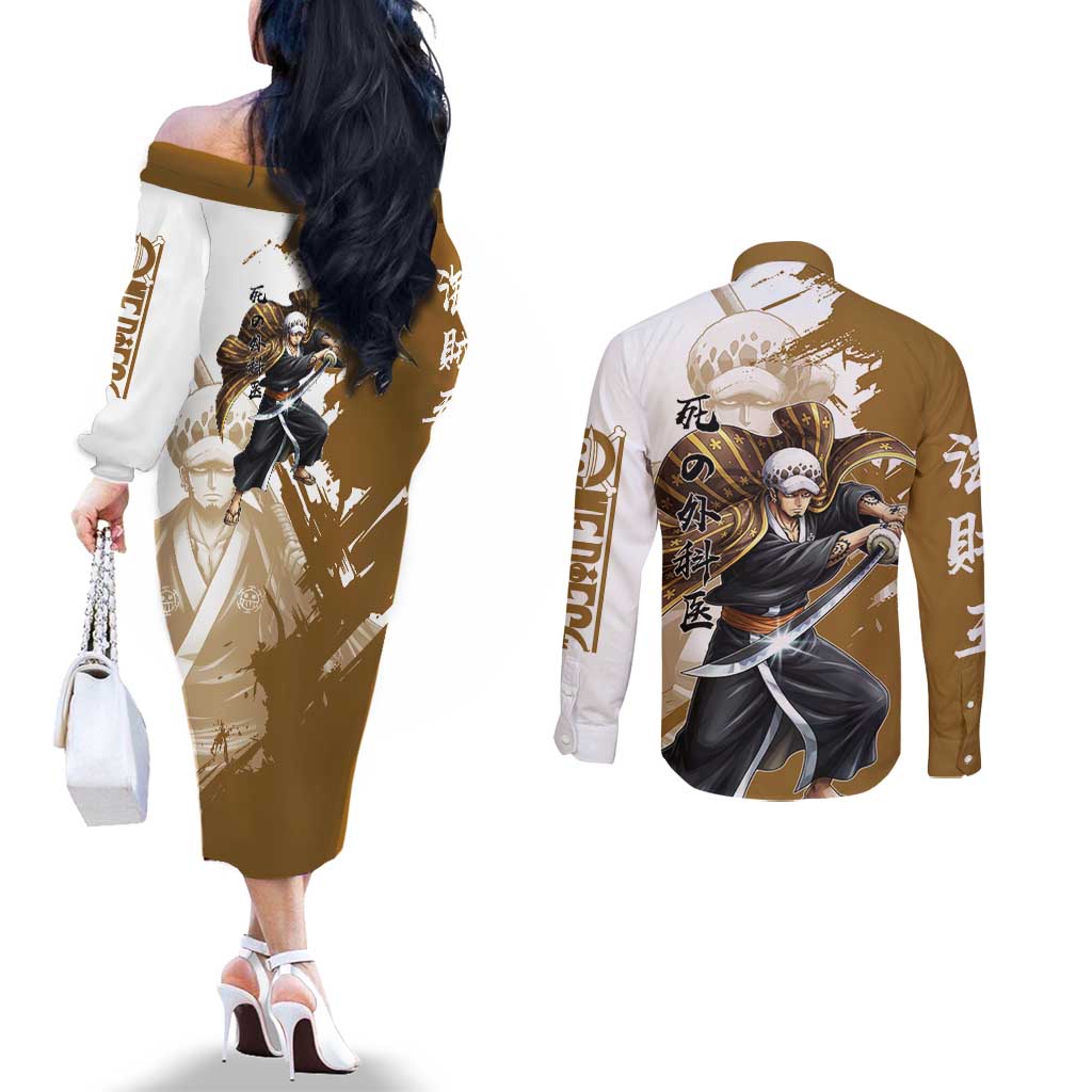 Wano Surgeon Trafalgar D. Law Couples Matching Off The Shoulder Long Sleeve Dress and Long Sleeve Button Shirt Traditional Ink Splash Anime Style