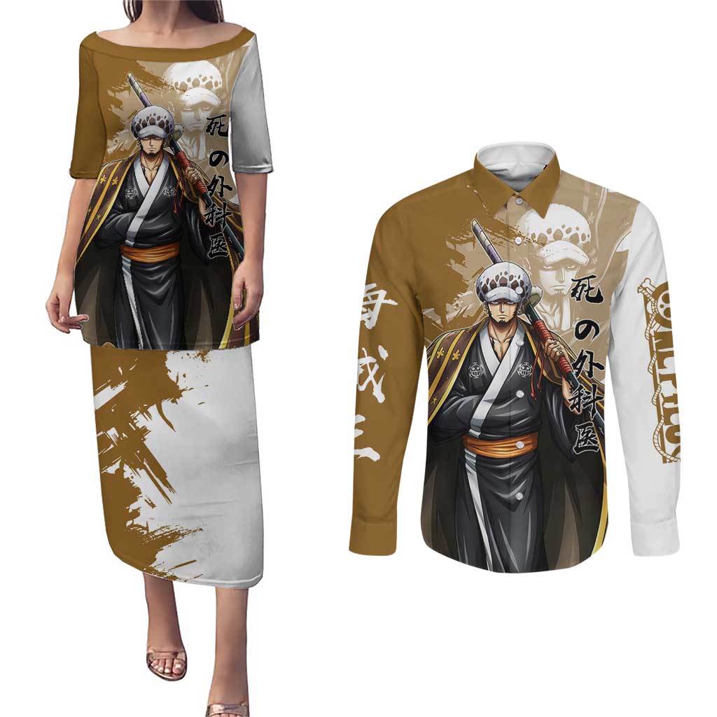 Wano Surgeon Trafalgar D. Law Couples Matching Puletasi and Long Sleeve Button Shirt Traditional Ink Splash Anime Style