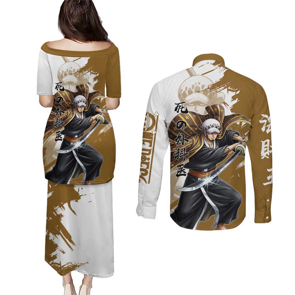 Wano Surgeon Trafalgar D. Law Couples Matching Puletasi and Long Sleeve Button Shirt Traditional Ink Splash Anime Style