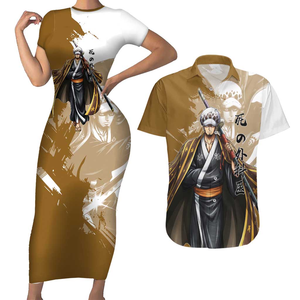 Wano Surgeon Trafalgar D. Law Couples Matching Short Sleeve Bodycon Dress and Hawaiian Shirt Traditional Ink Splash Anime Style