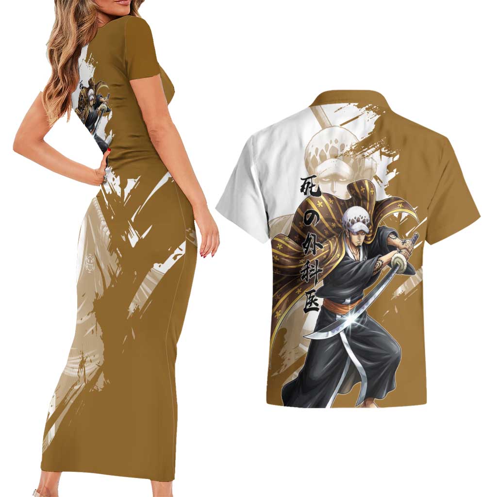 Wano Surgeon Trafalgar D. Law Couples Matching Short Sleeve Bodycon Dress and Hawaiian Shirt Traditional Ink Splash Anime Style