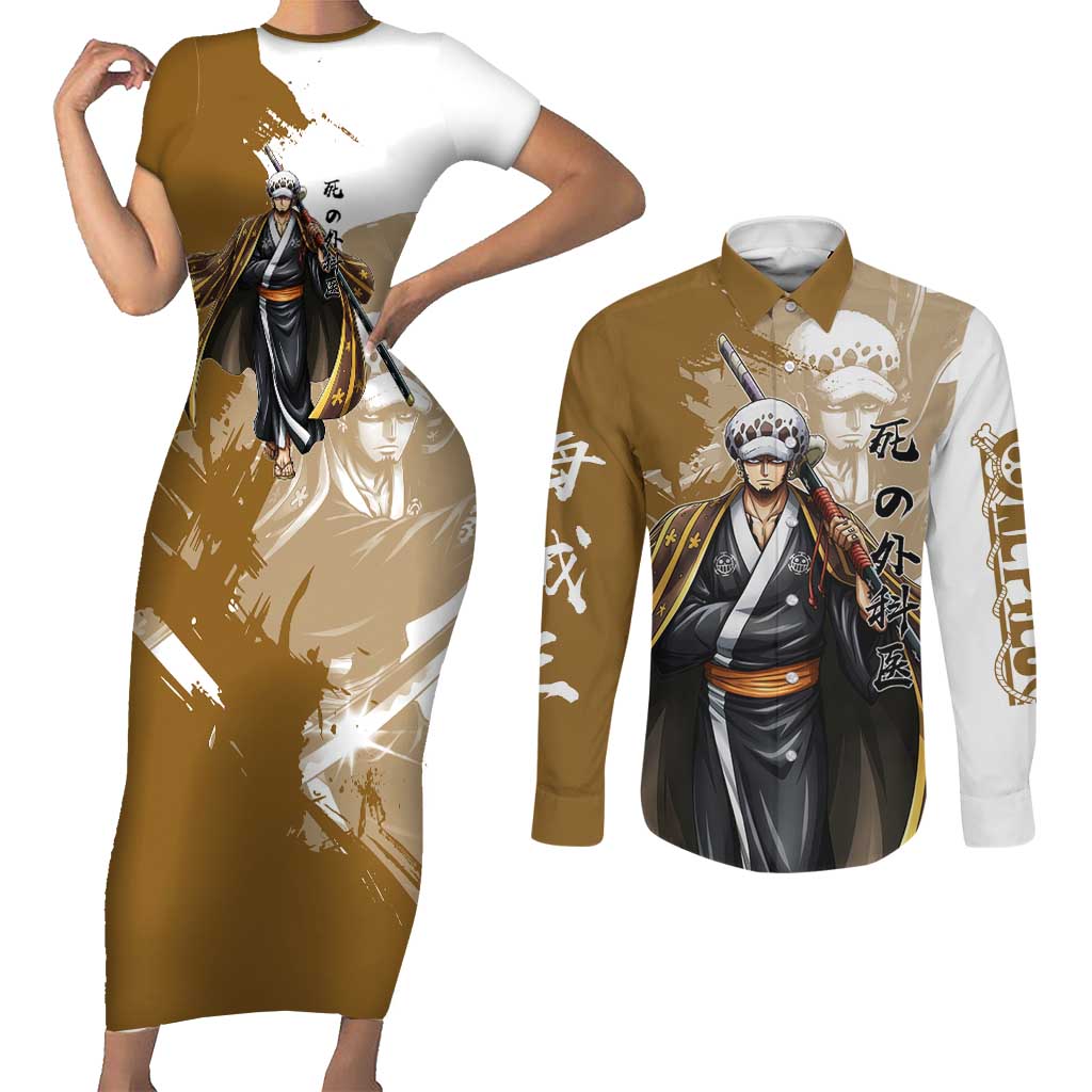 Wano Surgeon Trafalgar D. Law Couples Matching Short Sleeve Bodycon Dress and Long Sleeve Button Shirt Traditional Ink Splash Anime Style