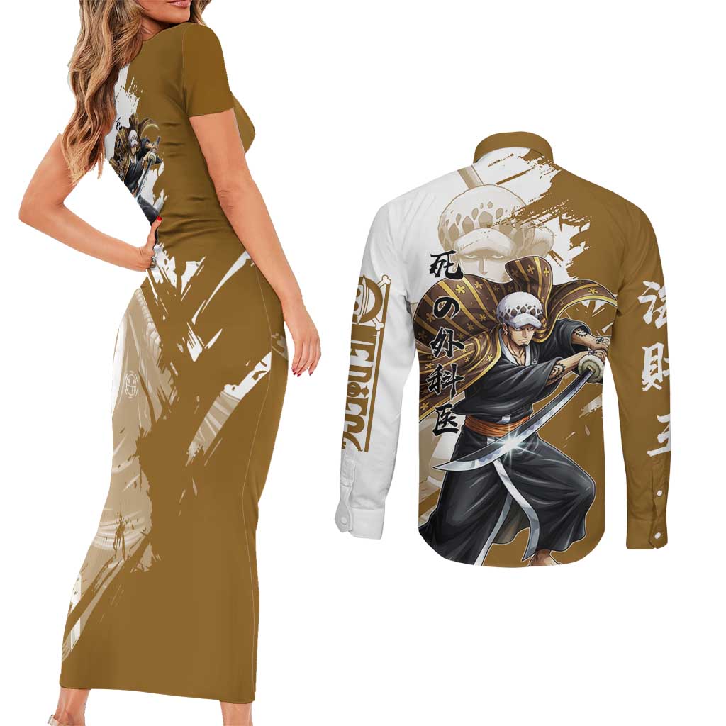 Wano Surgeon Trafalgar D. Law Couples Matching Short Sleeve Bodycon Dress and Long Sleeve Button Shirt Traditional Ink Splash Anime Style