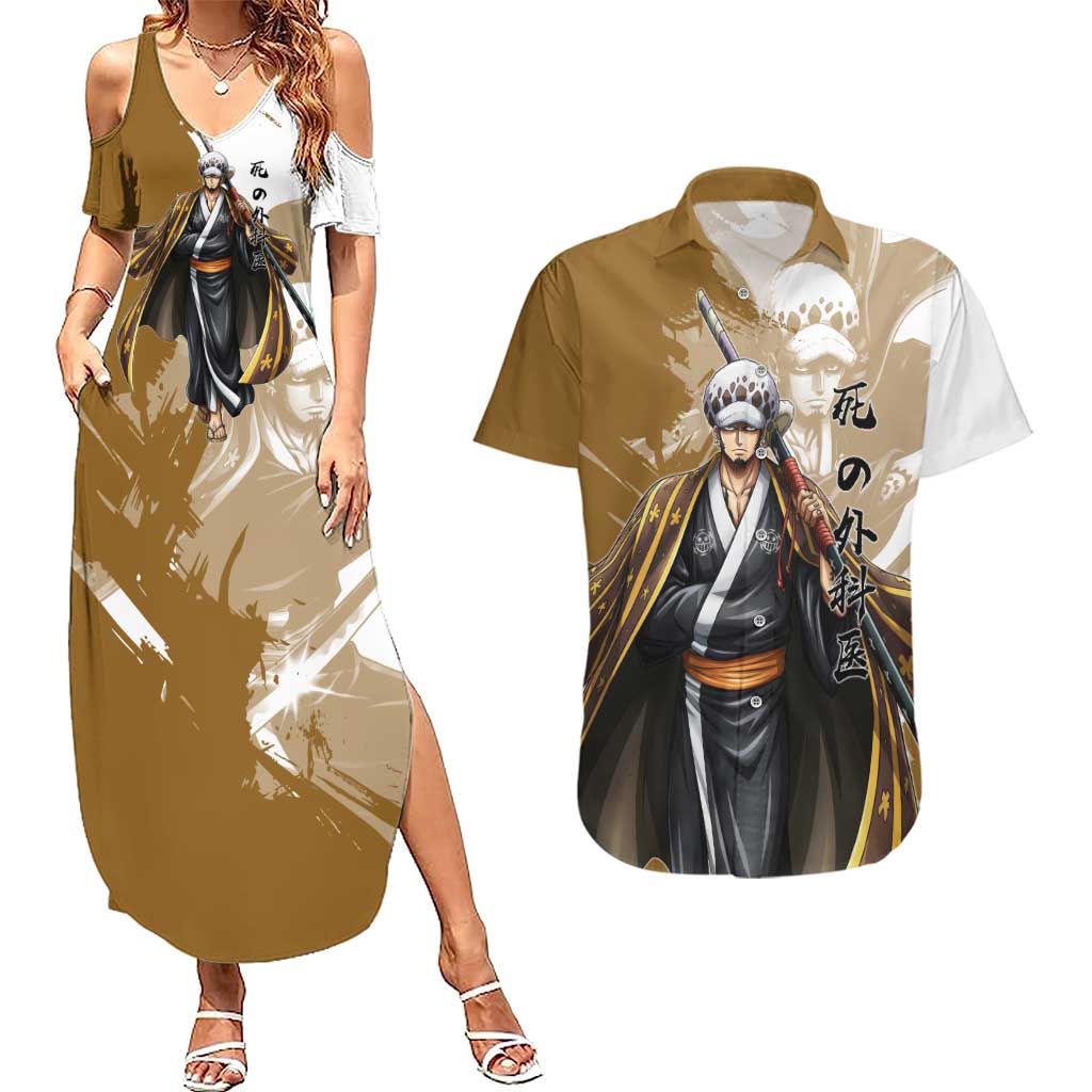 Wano Surgeon Trafalgar D. Law Couples Matching Summer Maxi Dress and Hawaiian Shirt Traditional Ink Splash Anime Style