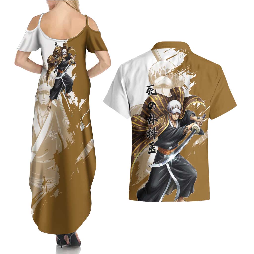 Wano Surgeon Trafalgar D. Law Couples Matching Summer Maxi Dress and Hawaiian Shirt Traditional Ink Splash Anime Style