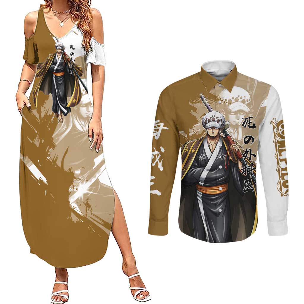 Wano Surgeon Trafalgar D. Law Couples Matching Summer Maxi Dress and Long Sleeve Button Shirt Traditional Ink Splash Anime Style