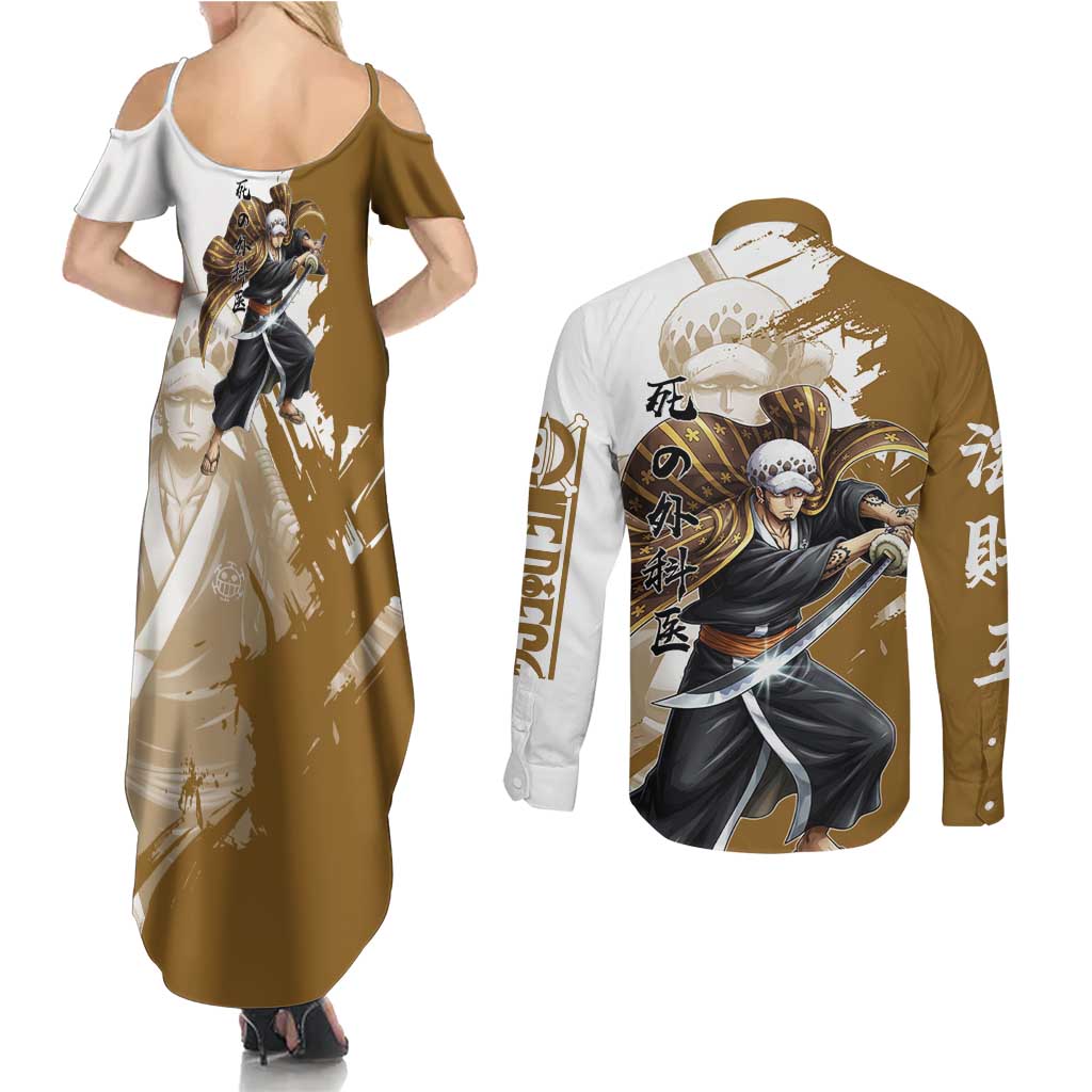 Wano Surgeon Trafalgar D. Law Couples Matching Summer Maxi Dress and Long Sleeve Button Shirt Traditional Ink Splash Anime Style