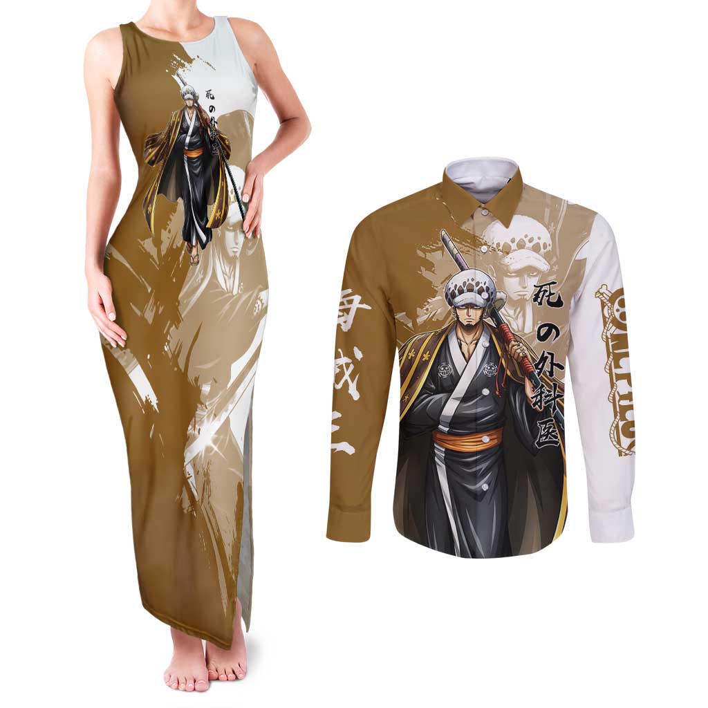 Wano Surgeon Trafalgar D. Law Couples Matching Tank Maxi Dress and Long Sleeve Button Shirt Traditional Ink Splash Anime Style