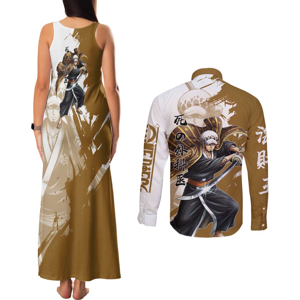 Wano Surgeon Trafalgar D. Law Couples Matching Tank Maxi Dress and Long Sleeve Button Shirt Traditional Ink Splash Anime Style