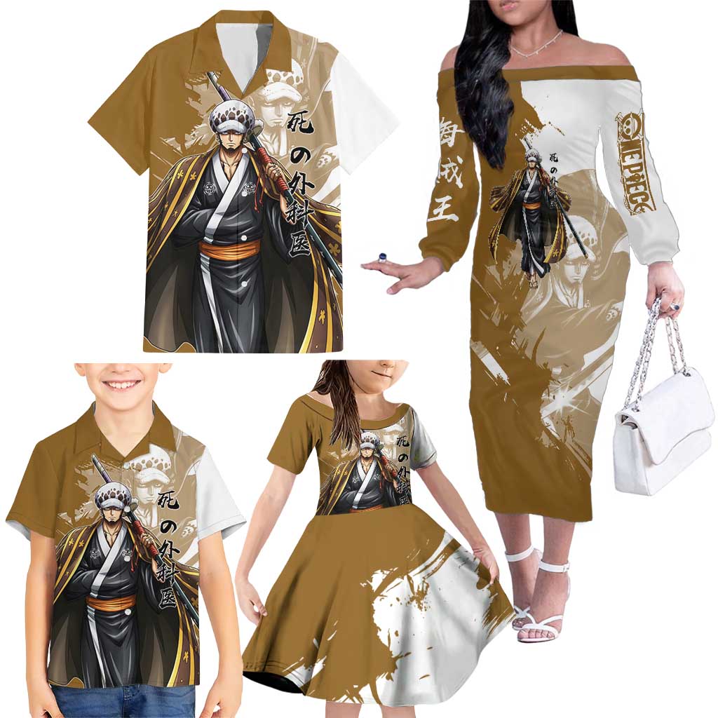 Wano Surgeon Trafalgar D. Law Family Matching Off The Shoulder Long Sleeve Dress and Hawaiian Shirt Traditional Ink Splash Anime Style