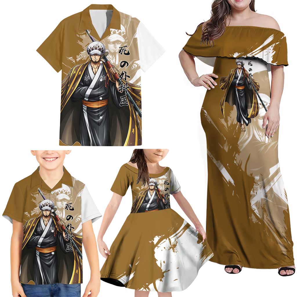 Wano Surgeon Trafalgar D. Law Family Matching Off Shoulder Maxi Dress and Hawaiian Shirt Traditional Ink Splash Anime Style