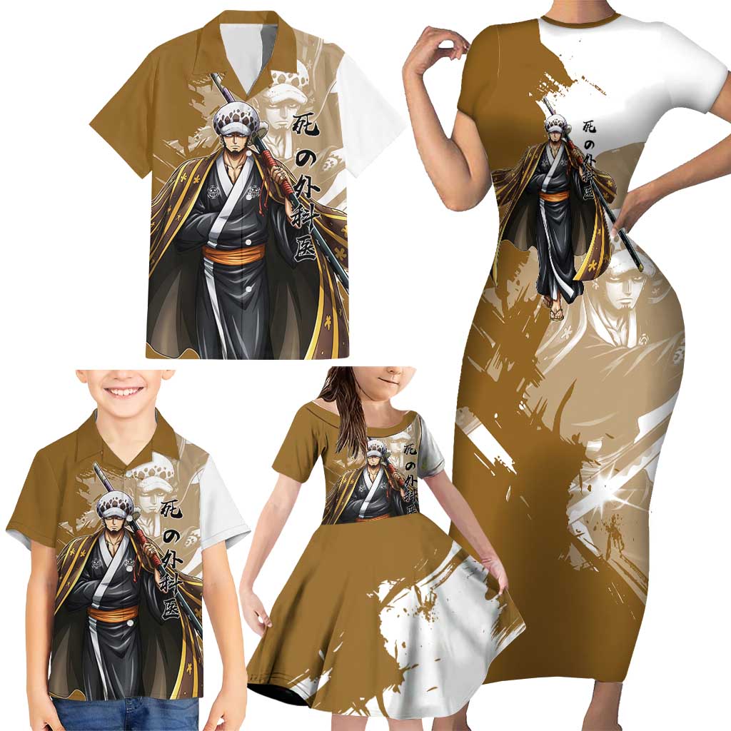 Wano Surgeon Trafalgar D. Law Family Matching Short Sleeve Bodycon Dress and Hawaiian Shirt Traditional Ink Splash Anime Style