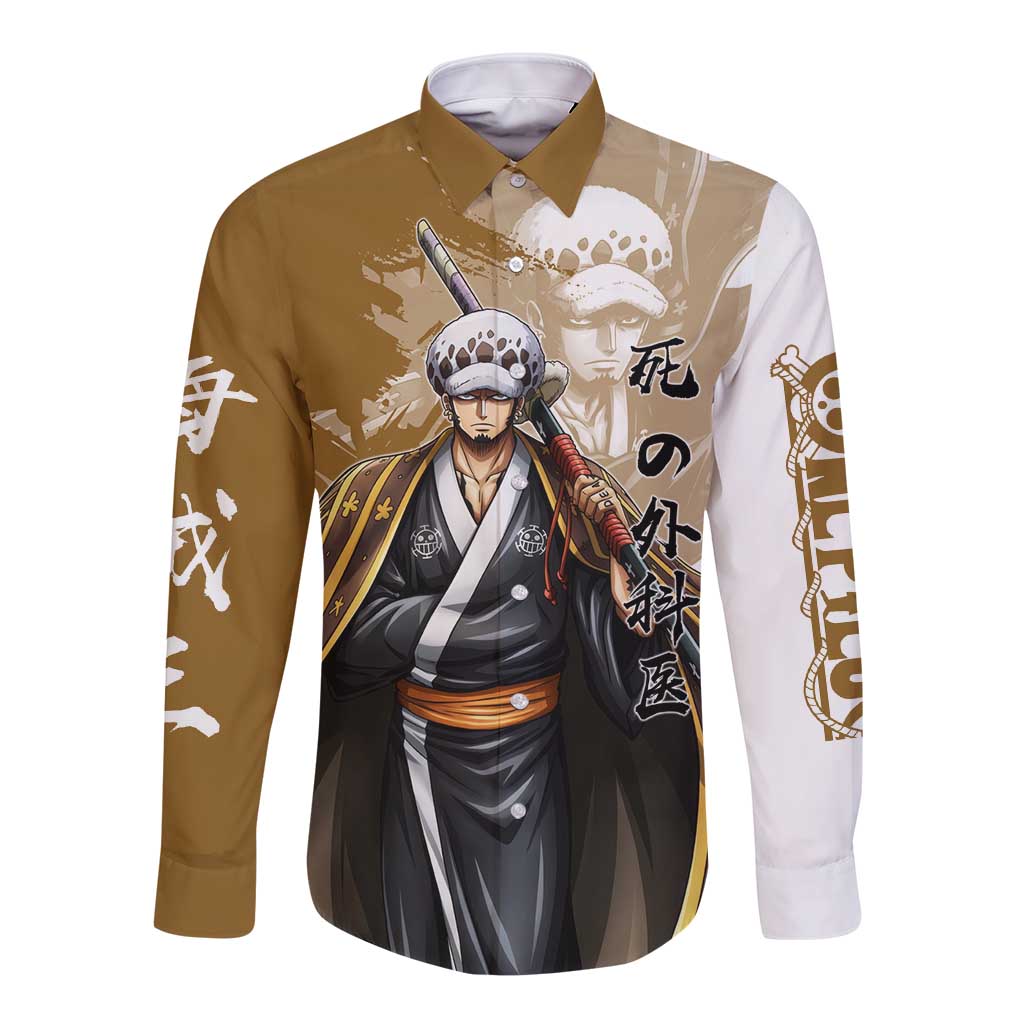 Wano Surgeon Trafalgar D. Law Long Sleeve Button Shirt Traditional Ink Splash Anime Style
