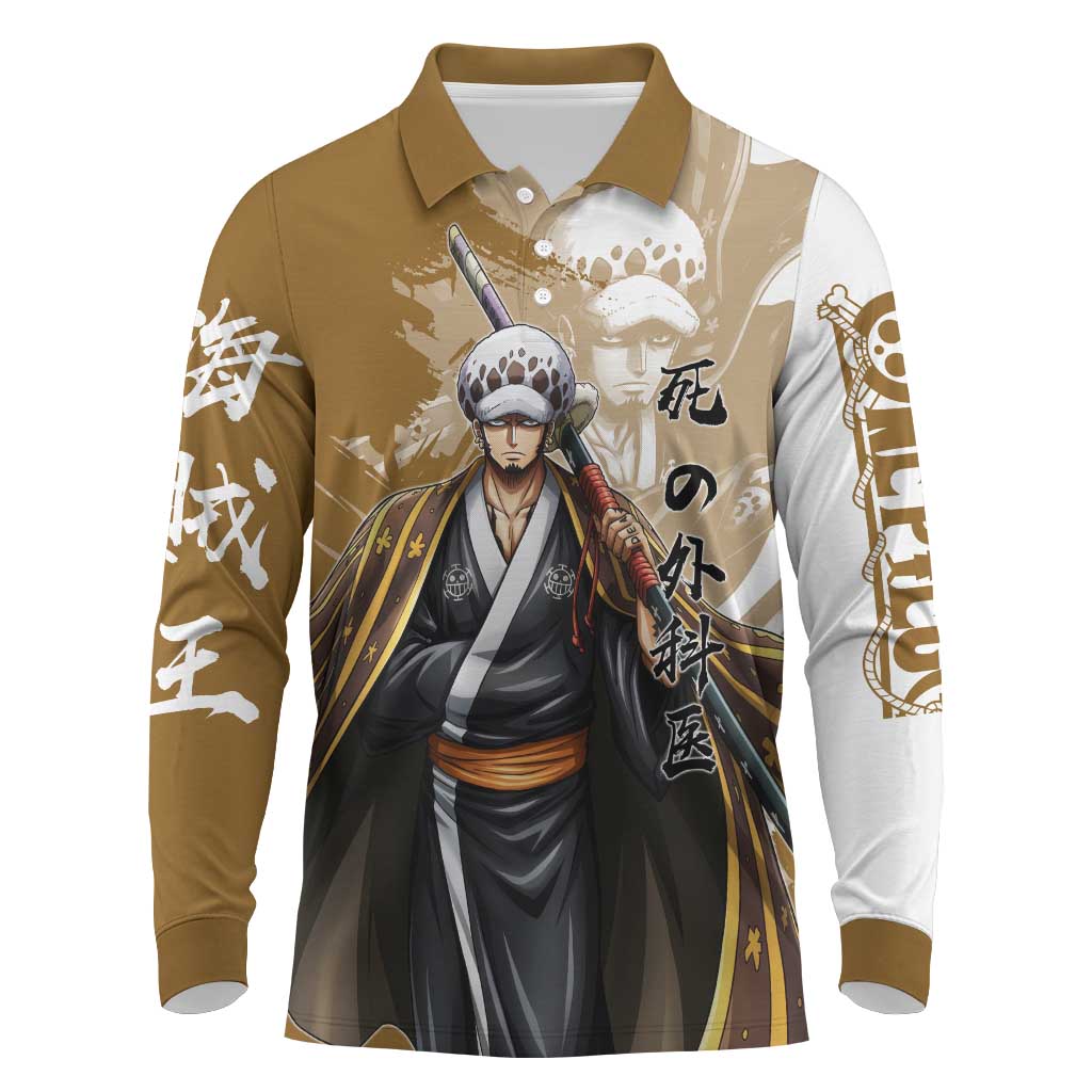 Wano Surgeon Trafalgar D. Law Long Sleeve Polo Shirt Traditional Ink Splash Anime Style