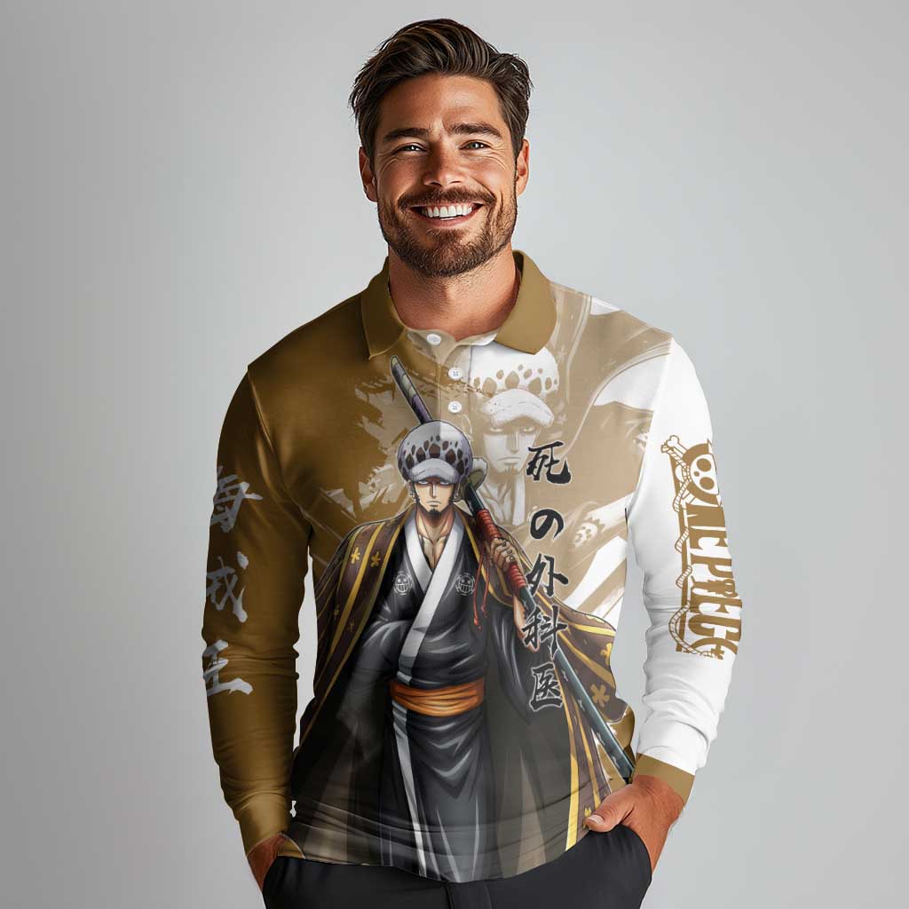 Wano Surgeon Trafalgar D. Law Long Sleeve Polo Shirt Traditional Ink Splash Anime Style