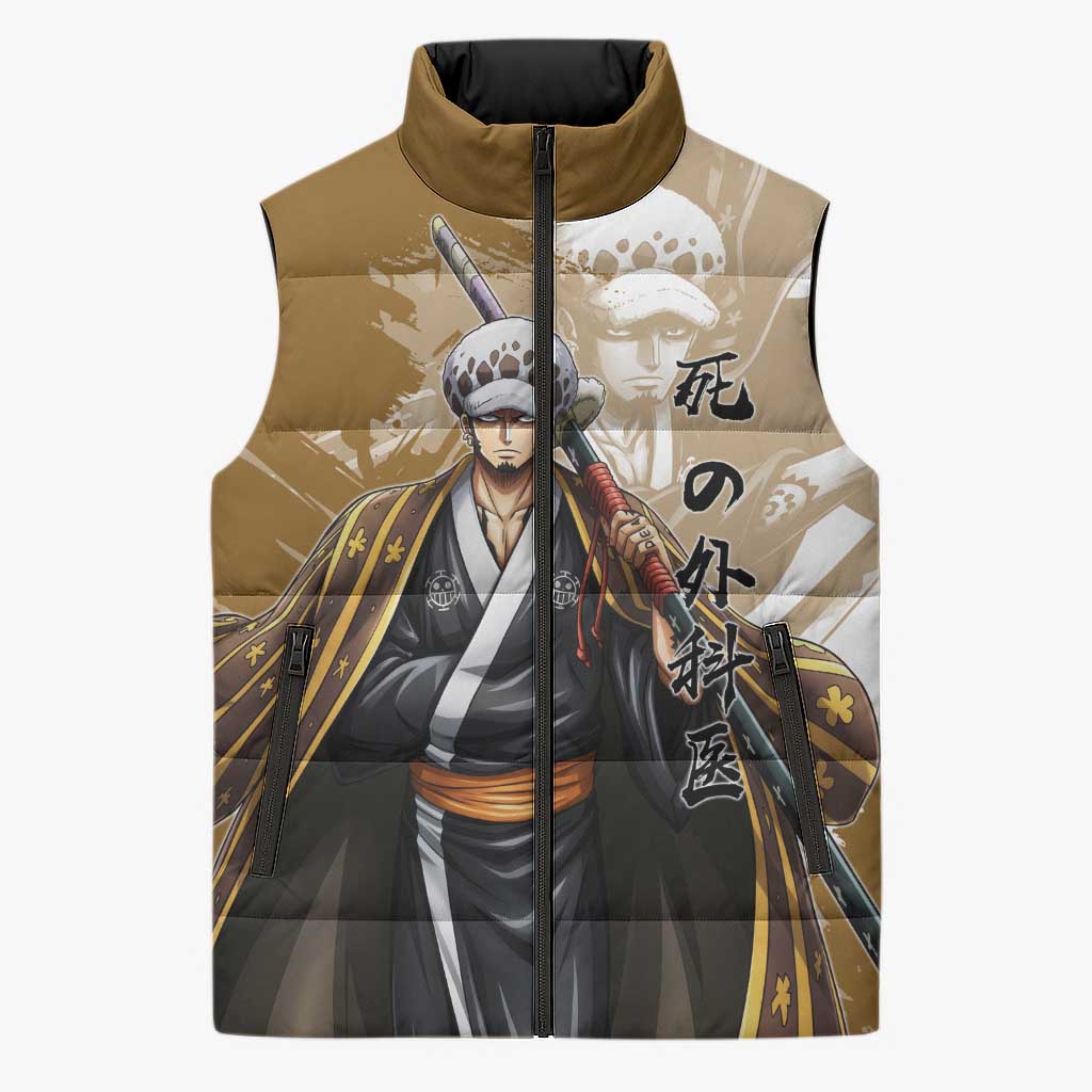 Wano Surgeon Trafalgar D. Law Sleeveless Puffer Jacket Traditional Ink Splash Anime Style