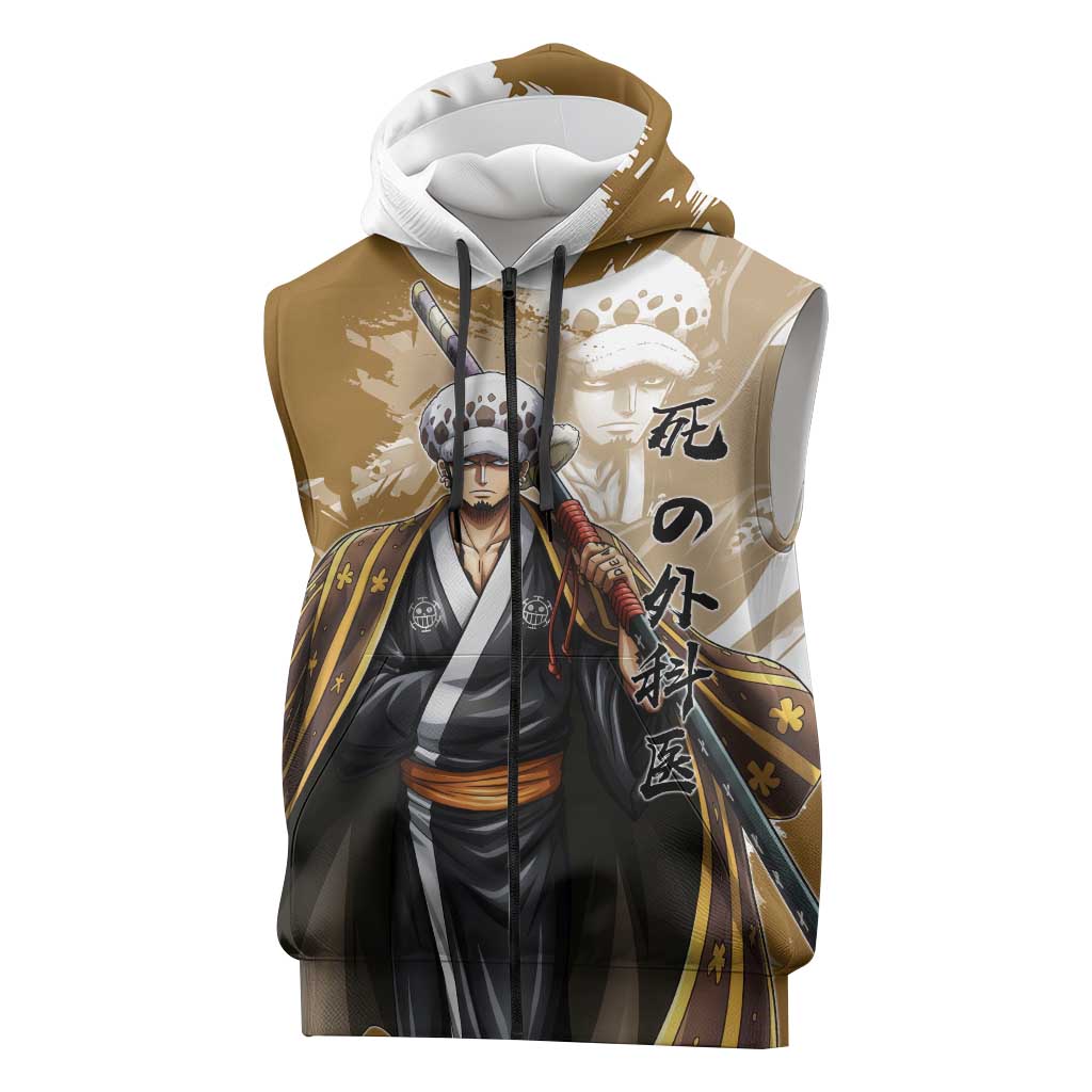 Wano Surgeon Trafalgar D. Law Sleeveless Zip Hoodie Traditional Ink Splash Anime Style