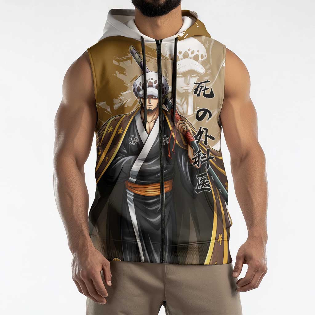 Wano Surgeon Trafalgar D. Law Sleeveless Zip Hoodie Traditional Ink Splash Anime Style