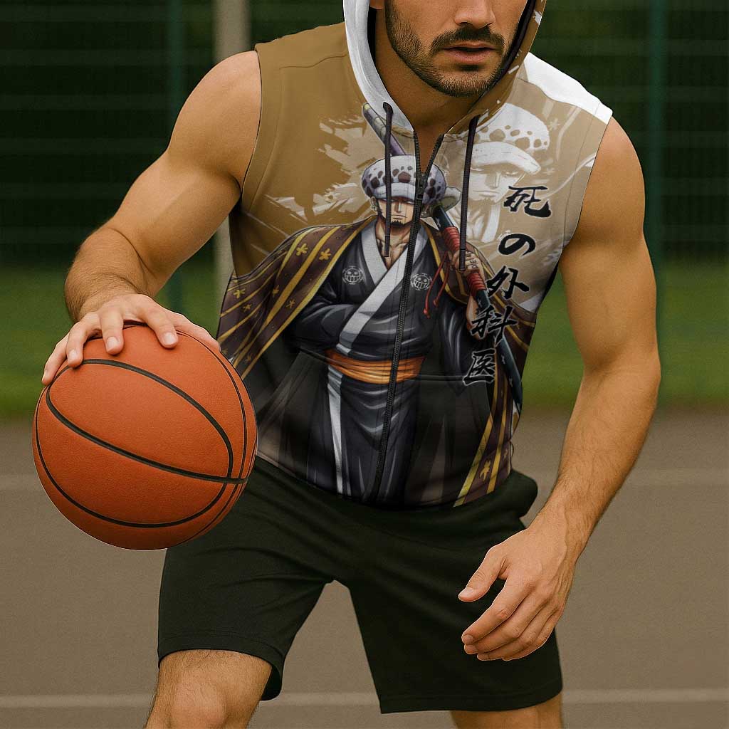 Wano Surgeon Trafalgar D. Law Sleeveless Zip Hoodie Traditional Ink Splash Anime Style