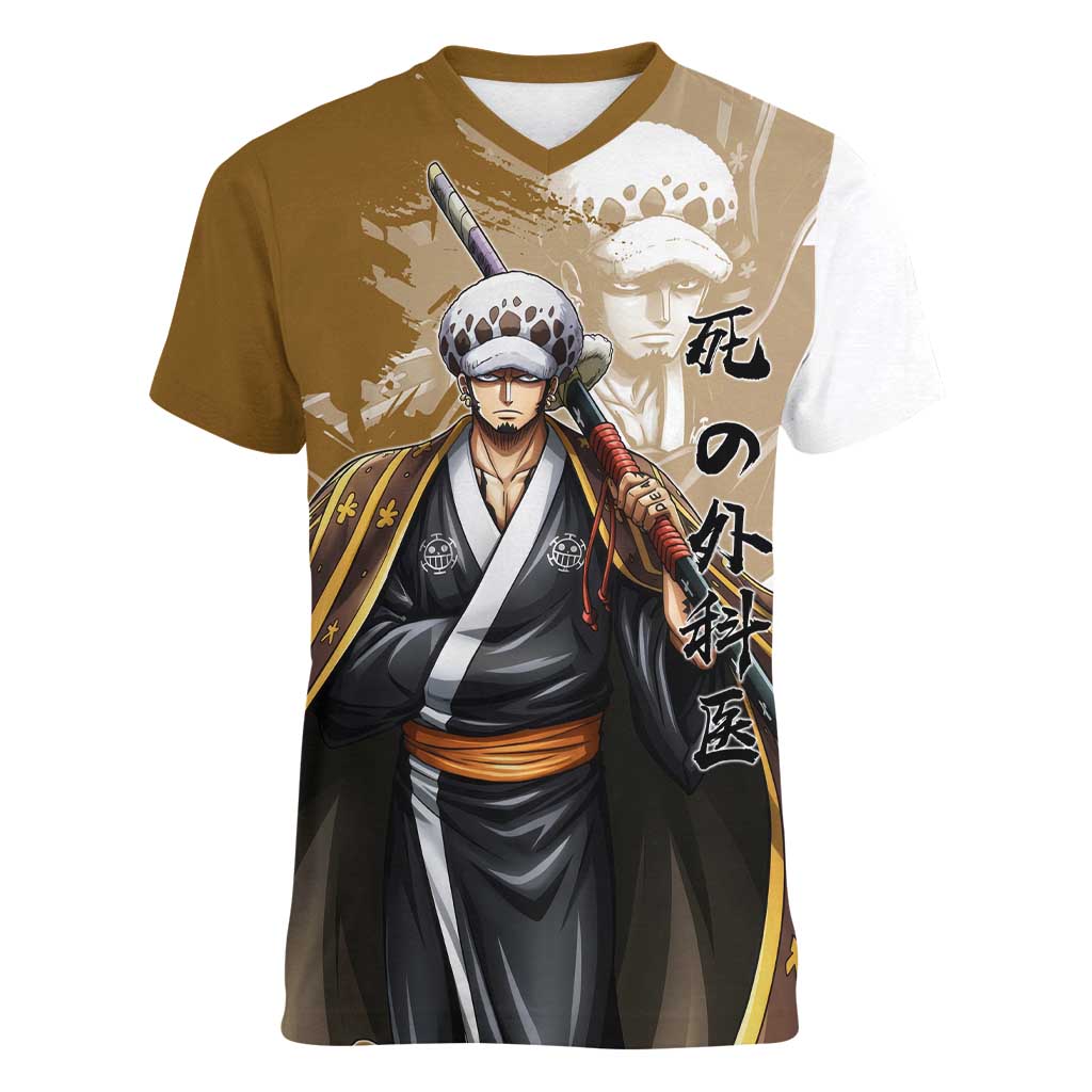Wano Surgeon Trafalgar D. Law Women V-Neck T-Shirt Traditional Ink Splash Anime Style