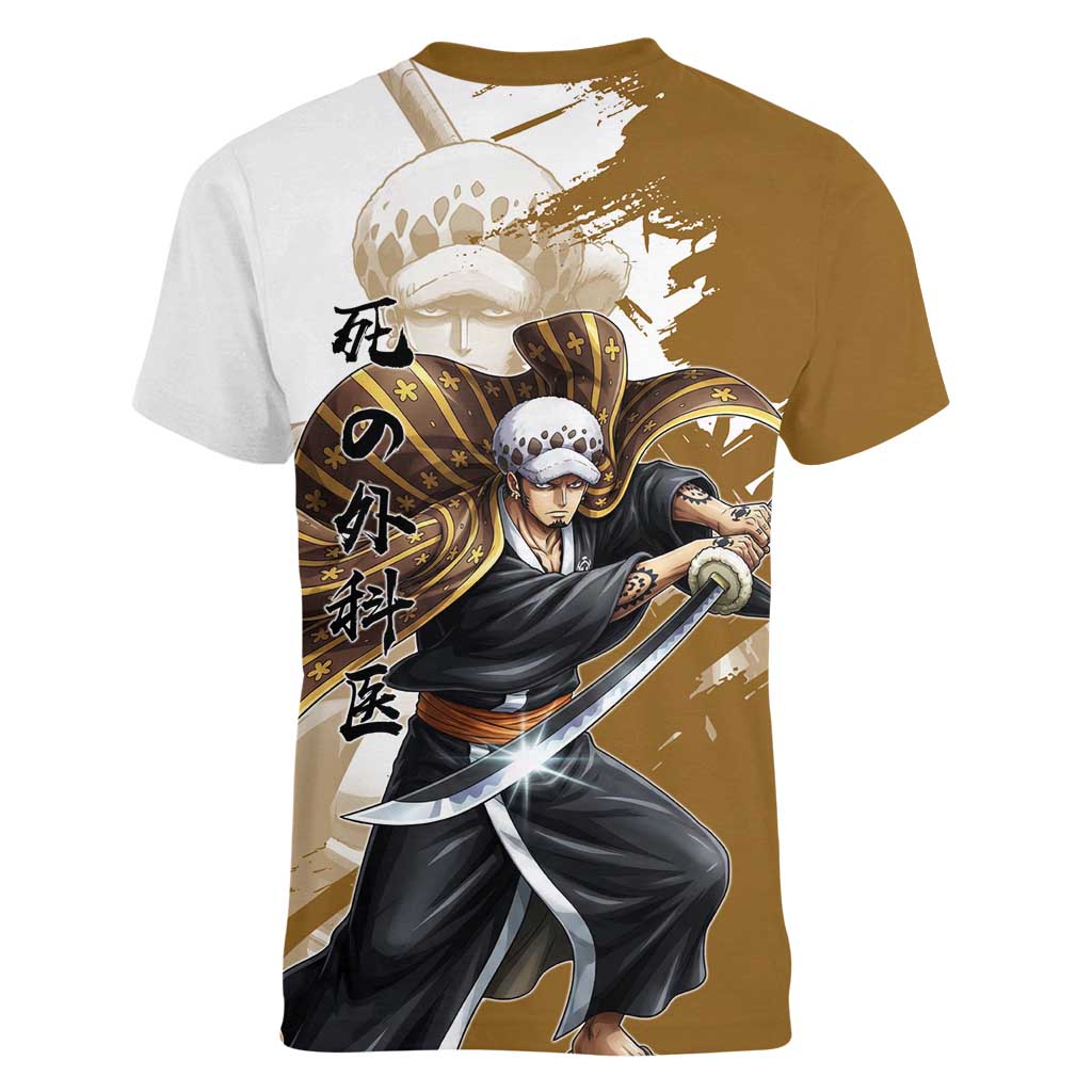 Wano Surgeon Trafalgar D. Law Women V-Neck T-Shirt Traditional Ink Splash Anime Style