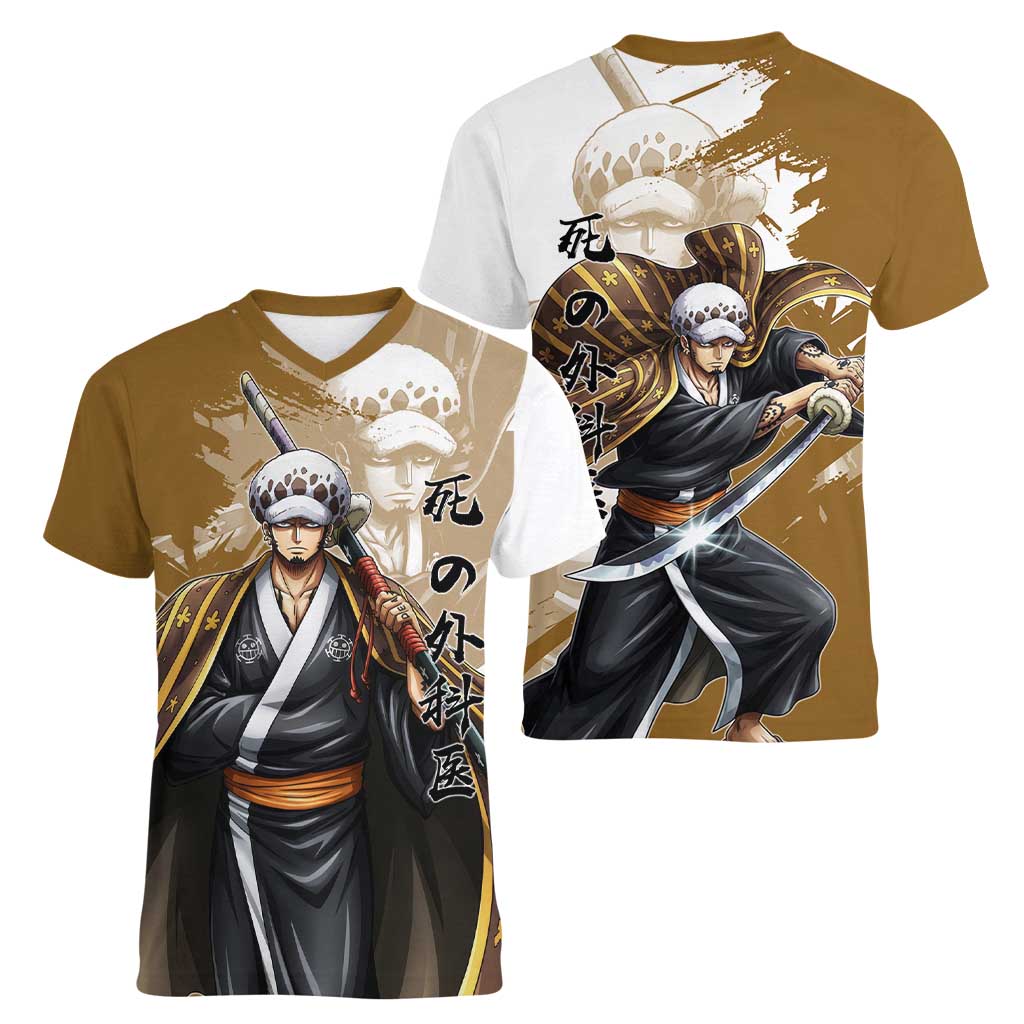 Wano Surgeon Trafalgar D. Law Women V-Neck T-Shirt Traditional Ink Splash Anime Style