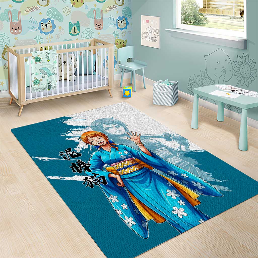 Wano Navigator Nami Area Rug Floral Kimono Anime Brush Art