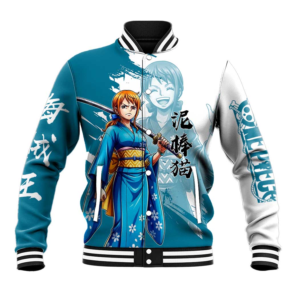 Wano Navigator Nami Baseball Jacket Floral Kimono Anime Brush Art