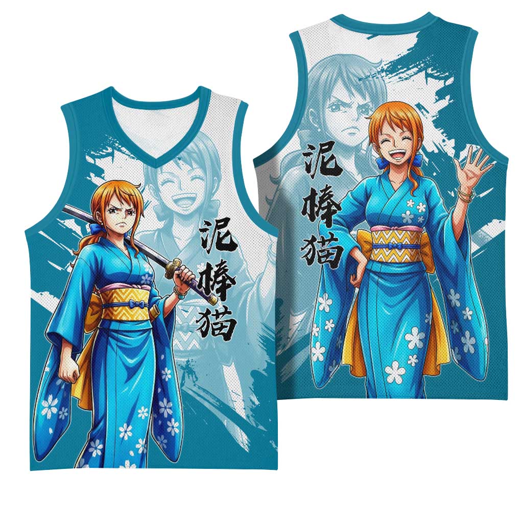 Wano Navigator Nami Basketball Jersey Floral Kimono Anime Brush Art