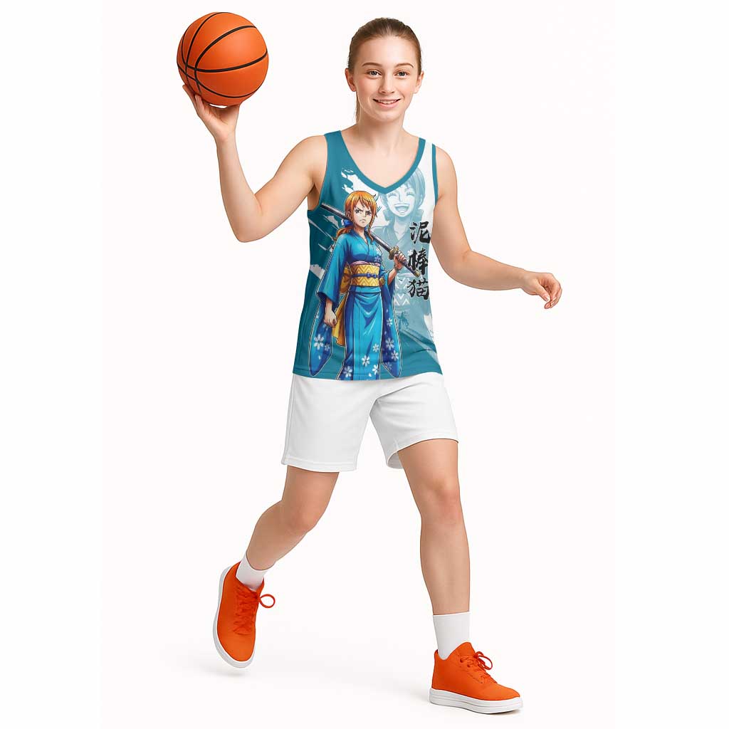 Wano Navigator Nami Basketball Jersey Floral Kimono Anime Brush Art