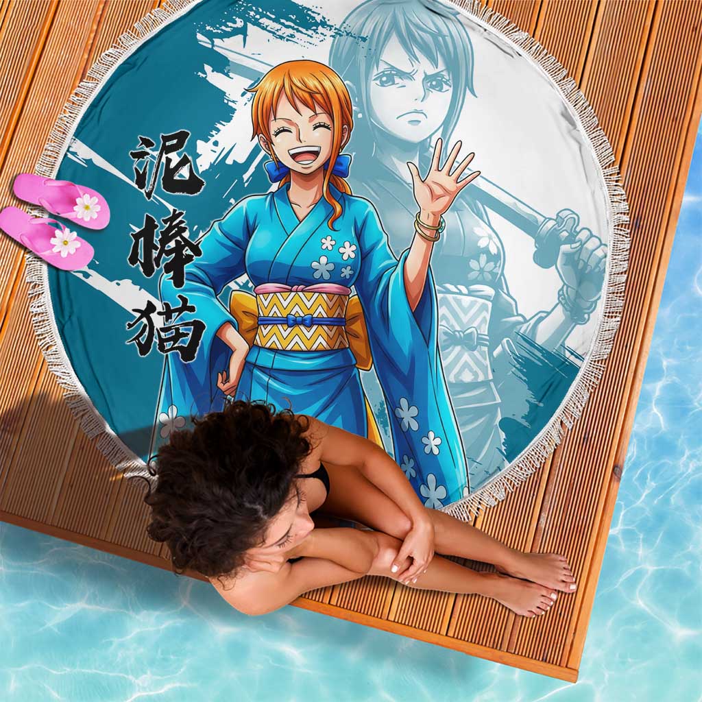 Wano Navigator Nami Beach Blanket Floral Kimono Anime Brush Art