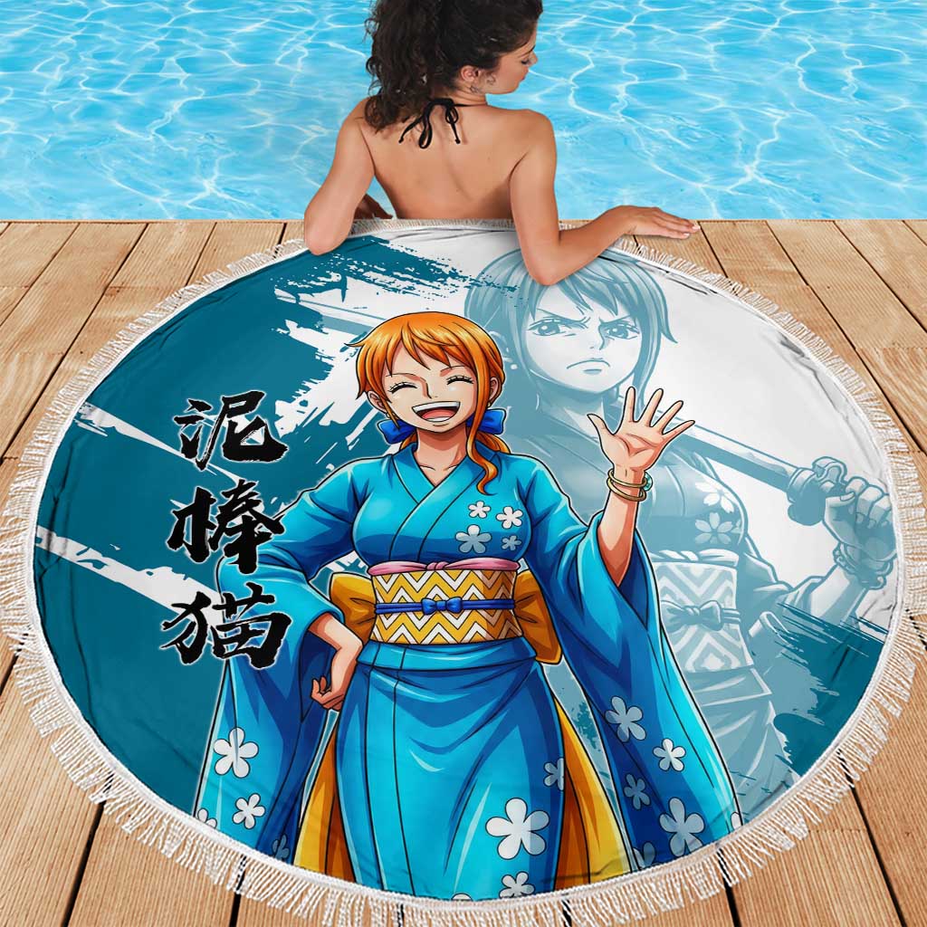 Wano Navigator Nami Beach Blanket Floral Kimono Anime Brush Art