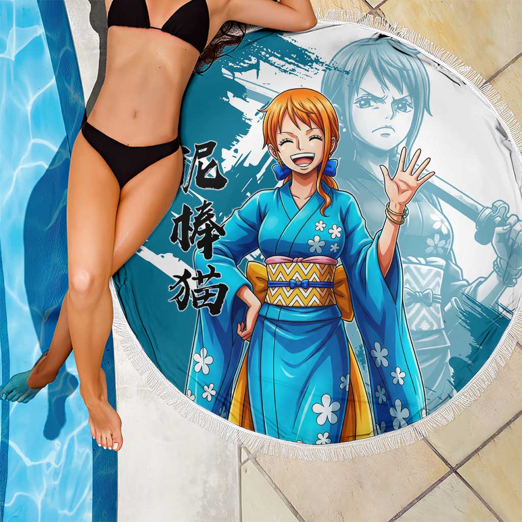 Wano Navigator Nami Beach Blanket Floral Kimono Anime Brush Art