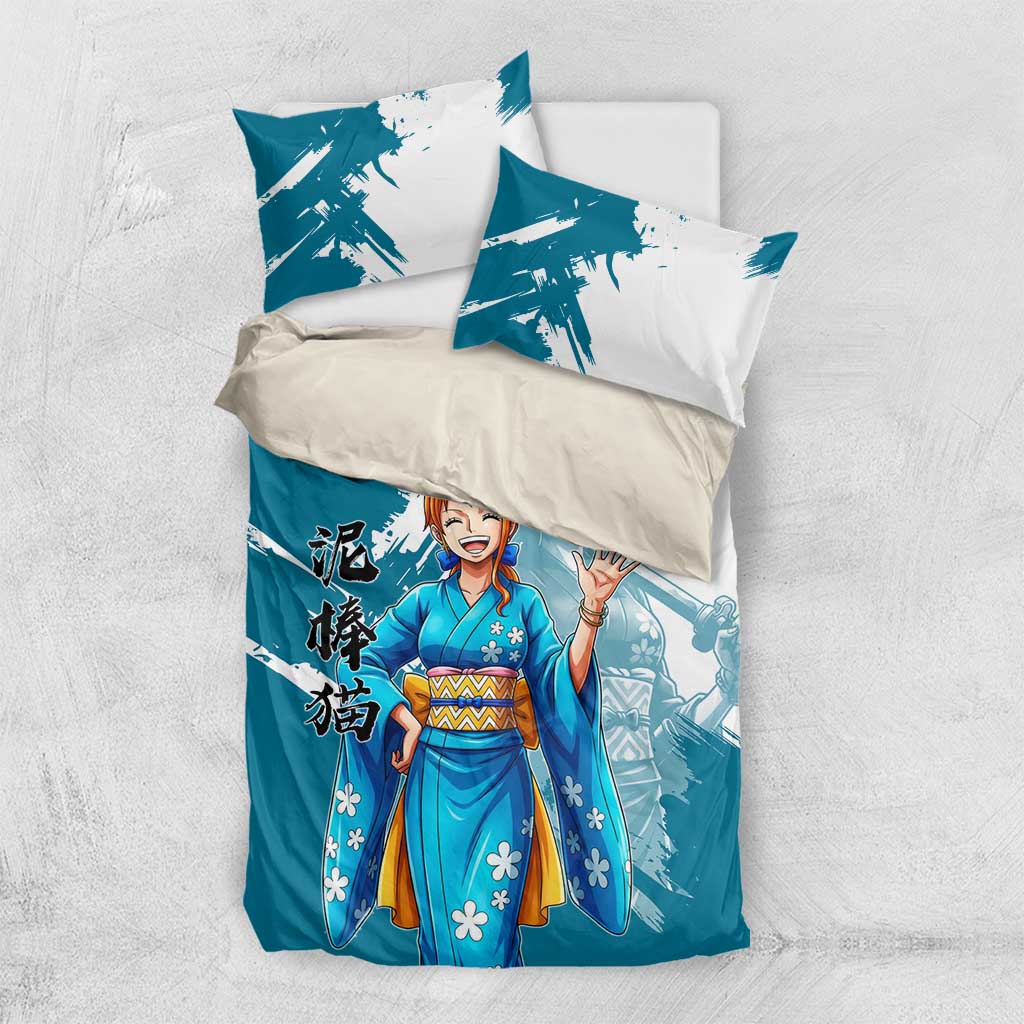 Wano Navigator Nami Bedding Set Floral Kimono Anime Brush Art