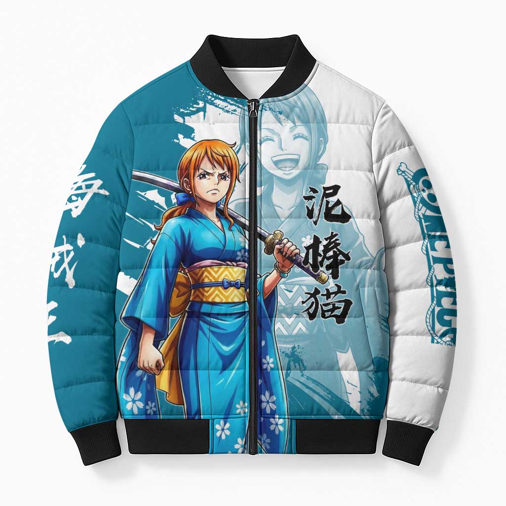 Wano Navigator Nami Bomber Puffer Jacket Floral Kimono Anime Brush Art