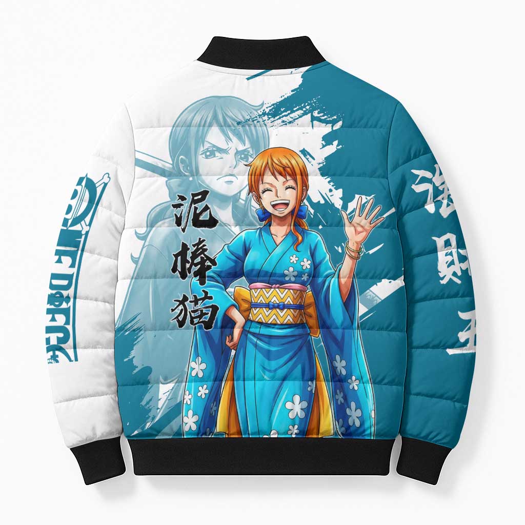 Wano Navigator Nami Bomber Puffer Jacket Floral Kimono Anime Brush Art