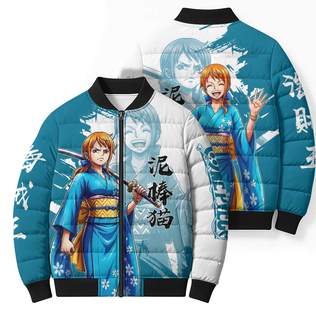 Wano Navigator Nami Bomber Puffer Jacket Floral Kimono Anime Brush Art