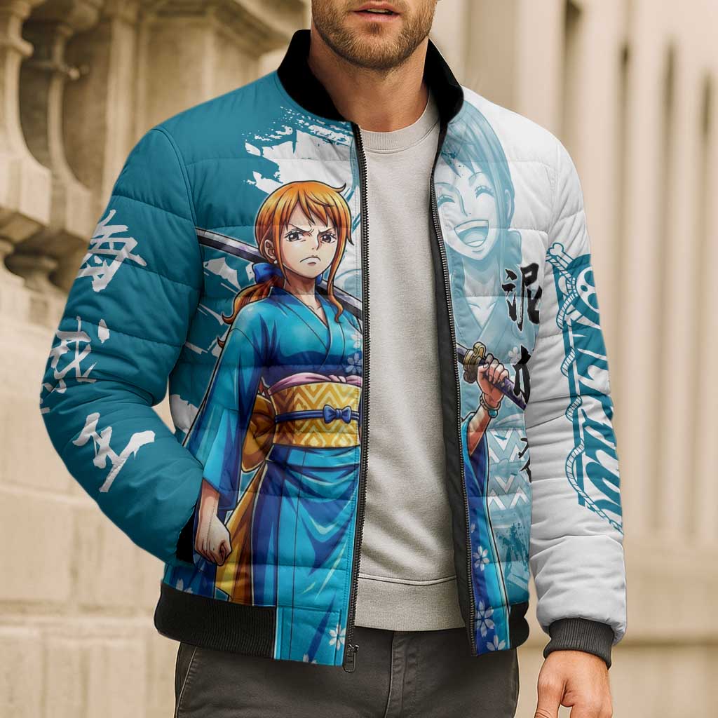 Wano Navigator Nami Bomber Puffer Jacket Floral Kimono Anime Brush Art