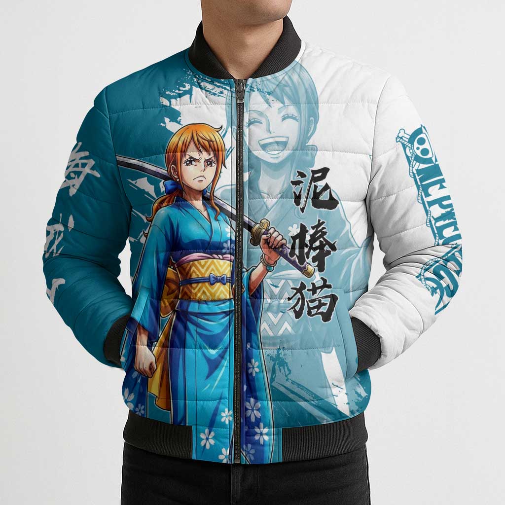 Wano Navigator Nami Bomber Puffer Jacket Floral Kimono Anime Brush Art
