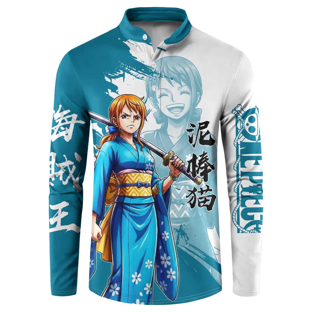 Wano Navigator Nami Button Sweatshirt Floral Kimono Anime Brush Art